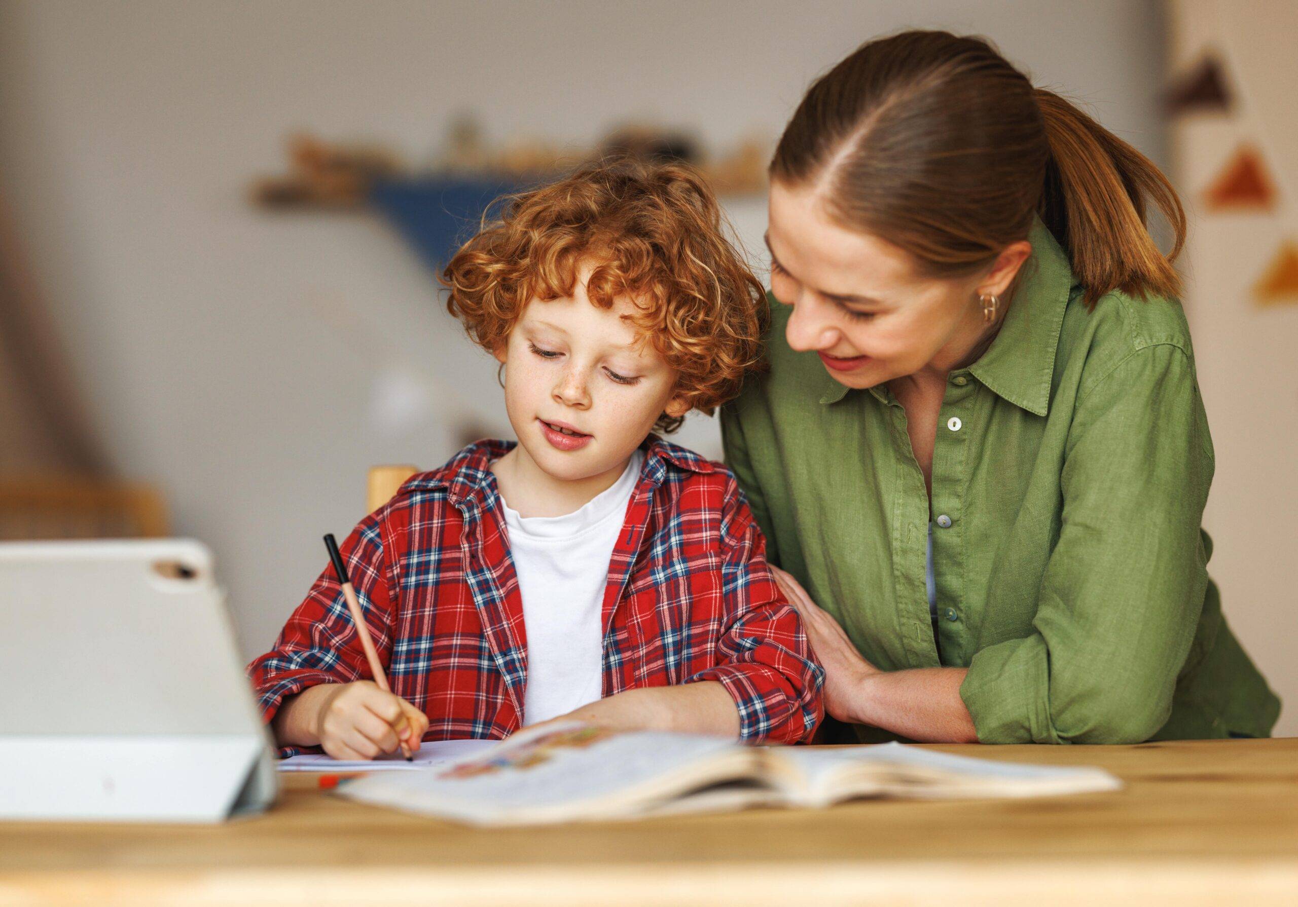 Image of women next to young son who is working on laptop