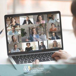 Team video call on laptop screen