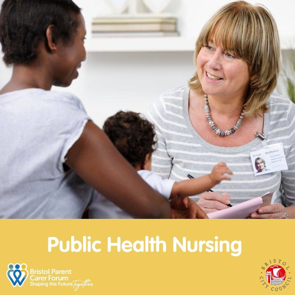 Parent carer speaking with a public health nurse while holding a child, promoting Public Health Nursing support services